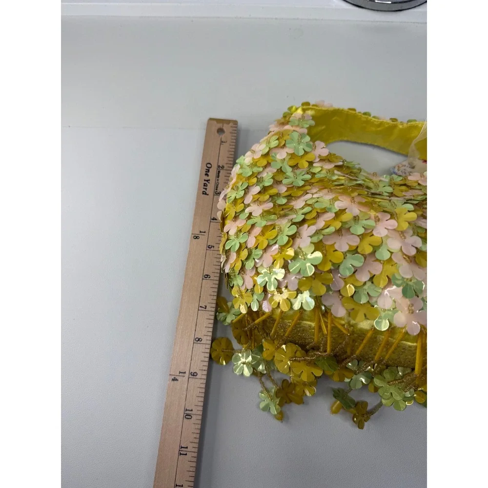 Handcrafted India‎ Floral Sequin Beaded Small Hobo Bag Yellow Green Pink NEW